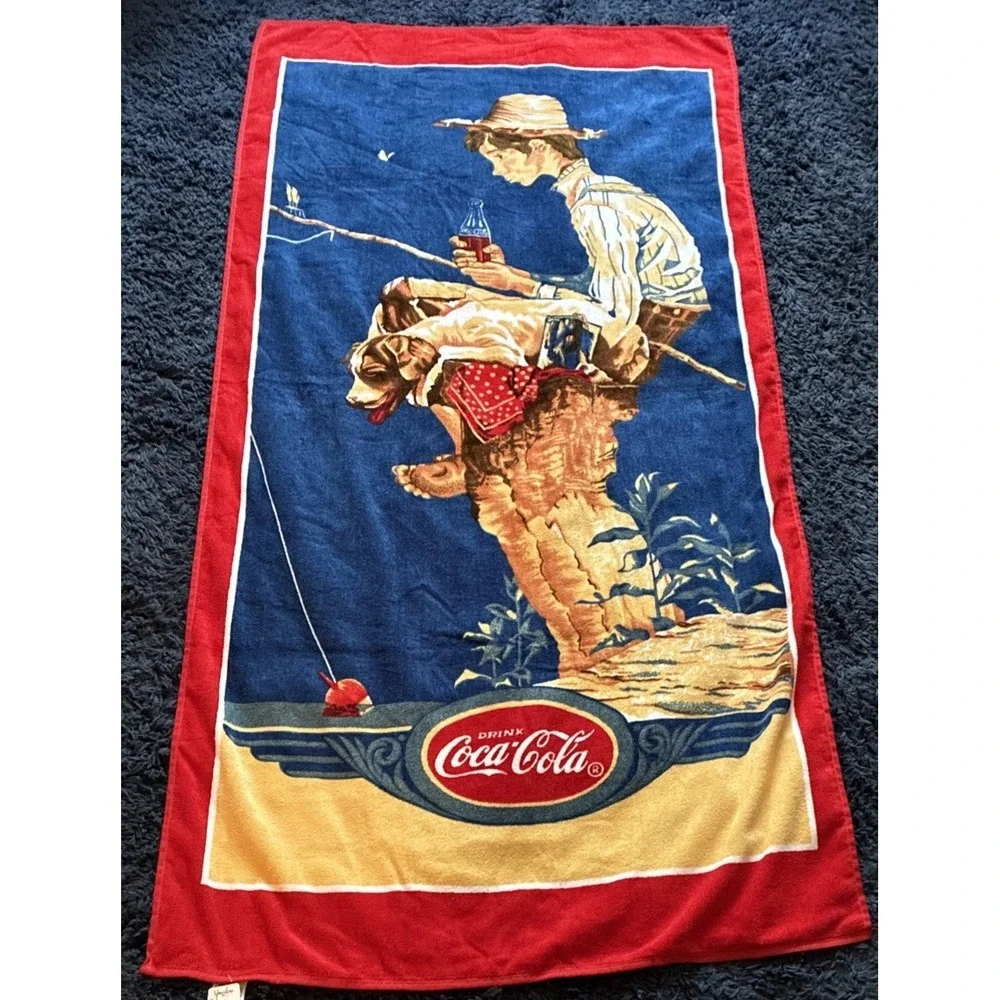 NWT Vintage 1992 Coca Cola Beach Towel Boy Dog Fishing 29X59